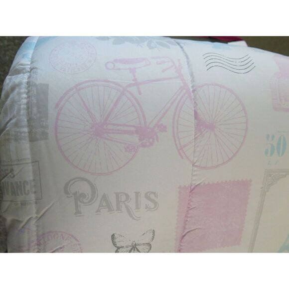 Chloe & Bella TWIN 3 Piece Comforter Set Paris Eiffel Tower Bicycle Pink Blue - Picture 10 of 12